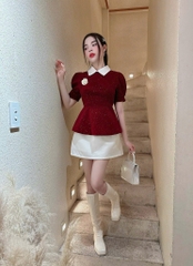 Set áo nhung đỏ kim tuyến peplum chân váy trắng