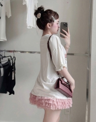 Set áo thun mèo chân váy hồng