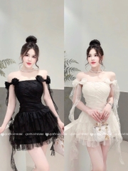Đầm ren trễ vai hoa vai - Be