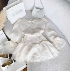 Set voan nude trễ vai đan dây x chân váy xòe - Nude