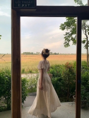 Đầm hoa nhí nơ ngực tay bồng