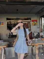 Đầm sơ mi xanh xếp li