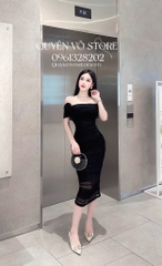 Đầm ôm body ren trễ vai - Đen