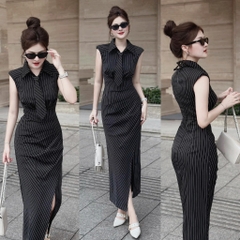 Đầm midi sọc đen cổ sơ mi vạt đắp