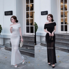 Đầm ôm body trễ vai dáng dài - Trắng