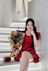 Đầm cổ tròn viền ren tay phồng xòe