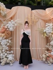 Đầm trễ vai lụa phối tơ hoa đá - Đen