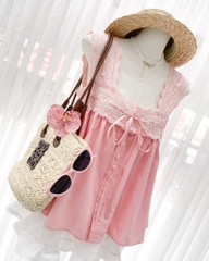 Set Babydoll áo ren hồng chân váy xòe  - S eo 64