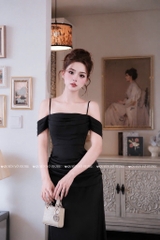 Đầm lụa 2 dây trễ vai - Đen