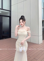 Đầm body trễ vai tà lưới - Be