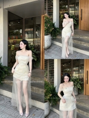 Đầm ren voan trễ vai dáng dài - Kem