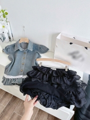 Set áo jean lai bèo chân váy tầng