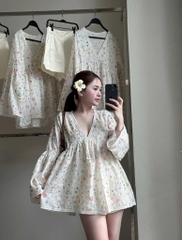 Set Babydoll hoa cổ V tay loe