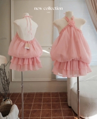 Set áo voan hồng cổ yếm chân váy xòe tầng