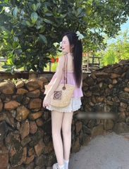 Set áo peplum sọc hồng cổ yếm chân váy xòe