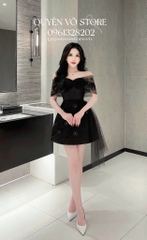 Đầm trễ vai lưới đính hoa - Đen