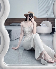Set áo 2 dây ren quần suông dài