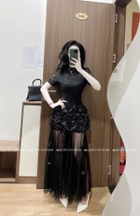 Đầm tay ngắn đuôi cá voan đính hoa - Đen