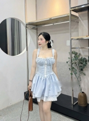 Đầm xanh 2 dây thắt nơ đan