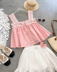 Set Babydoll áo ren hồng chân váy xòe  - S eo 64