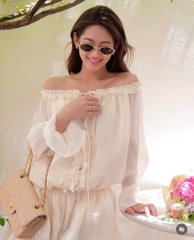Đầm voan tơ trễ vai tay dài đan ngực kèm quần
