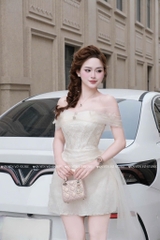 Đầm ren trễ vai phối voan