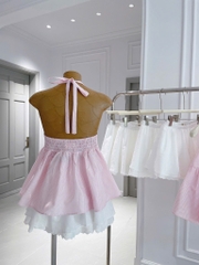 Set áo peplum sọc hồng cổ yếm chân váy xòe