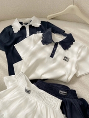 Set áo cổ polo chân váy tầng xòe - Đen