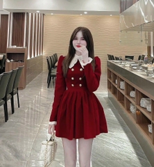 Đầm nhung đỏ phối cổ peter