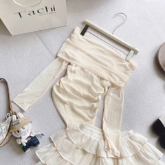 Set áo nude trễ vai x chân váy tầng