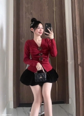 Set áo tay dài hoa nổi chân váy nhung