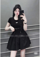 Đầm thun xòe nâu tây hở lưng Set áo thun cổ V chân váy dài - hottrend