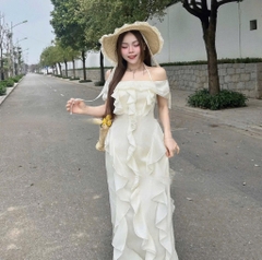 Đầm midi trễ vai kem