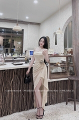 Đầm lụa 2 dây xẻ tà hoa eo