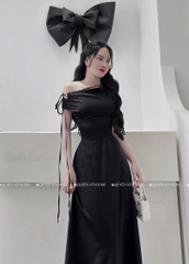 Đầm lụa lệch vai tag bướm - Đen