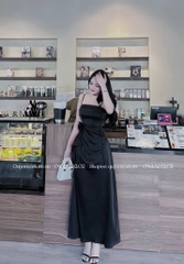 Đầm lụa 2 dây ngực xếp li đính hoa cổ