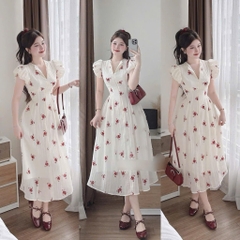 Đầm tơ nhăn in hoa đỏ