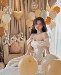 Set áo nude trễ vai x chân váy lưới - Freesize