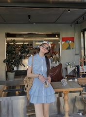 Đầm sơ mi xanh xếp li