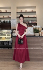 Đầm lụa lệch vai xếp ly eo - Đỏ