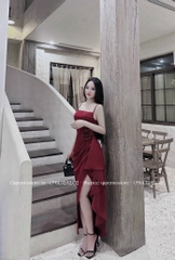 Đầm lụa 2 dây xẻ tà hoa eo