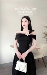 Đầm ren trễ vai phối lưới dáng dài - Đen