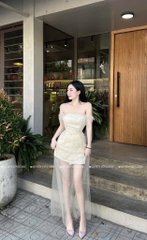 Đầm ren voan trễ vai dáng dài - Kem