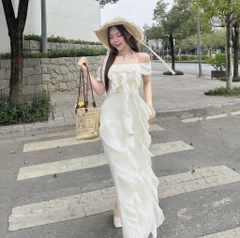 Đầm midi trễ vai kem