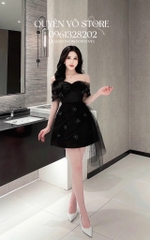 Đầm trễ vai lưới đính hoa - Đen