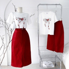 Set áo thun in x chân váy dài đỏ