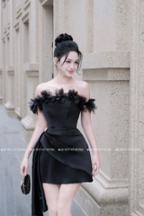 Đầm trễ vai hoa lụa chéo - Đen