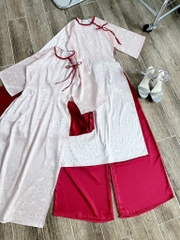 Set áo dài gấm hồng x quần đỏ ống rộng