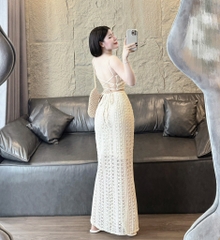 Set crop nude ren len móc chân váy midi