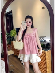 Set Babydoll áo ren hồng chân váy xòe  - S eo 64